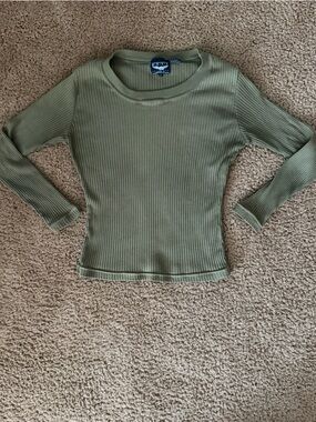 Ribbed Long-Sleeve Crewneck Top - Olive Green
